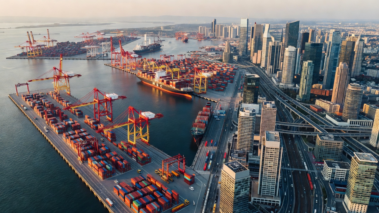 Container terminal operations alongside mixed-use urban development with rail and road connections visible